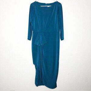 Kay Unger teal blue draped asymmetrical front formal maxi dress size 14